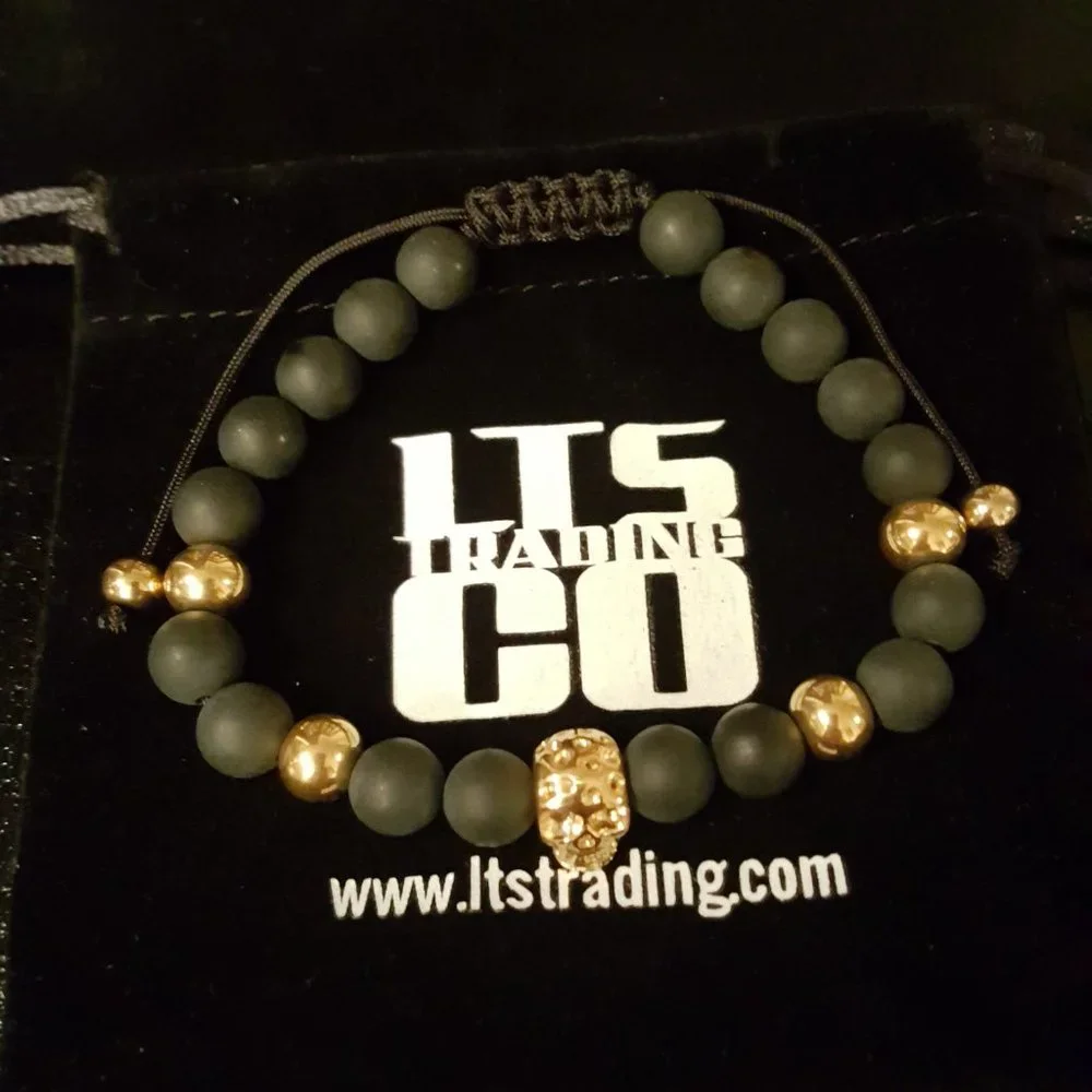 Skulls Gold Matte Black Onyx Bracelet #LTS0101 - Picture 3 of 4